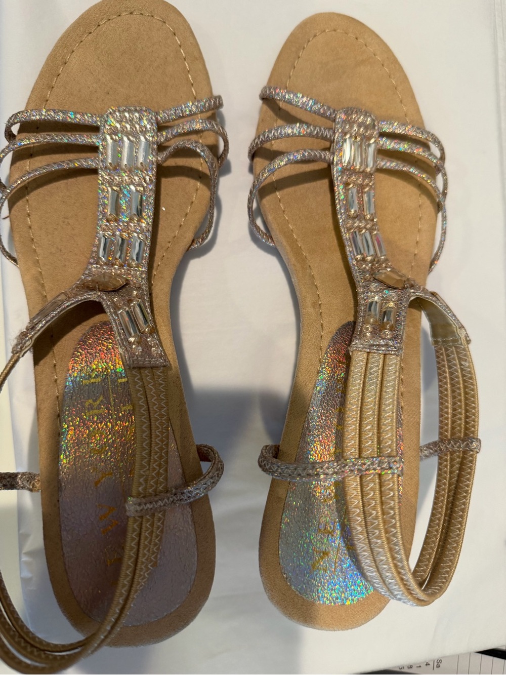 New York Transit Women's Tan Rhinestone T-Strap Sandals
